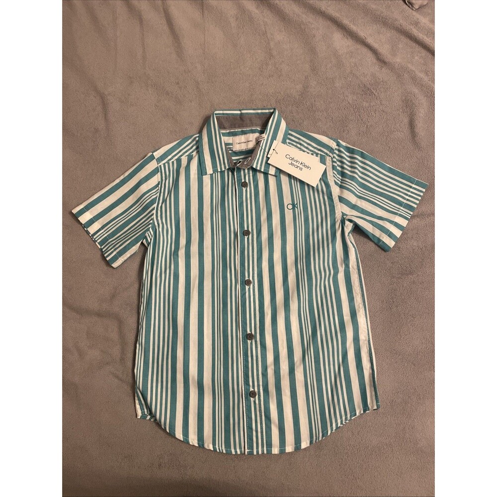 Calvin Klein Boys' Vertical Stripe Short-Sleeve Button-Down Shirt S/p 8